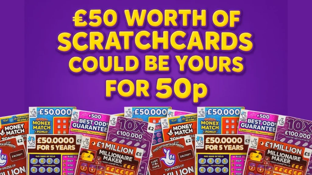 Win scratchcards promotion showing a bundle of UK National Lottery scratchcards with bold text offering £50 worth of scratchcards for just 50p