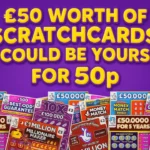 Win scratchcards promotion showing a bundle of UK National Lottery scratchcards with bold text offering £50 worth of scratchcards for just 50p